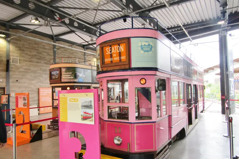 Seaton Tramway's narrow-gauge trams waiting at the Seaton terminus